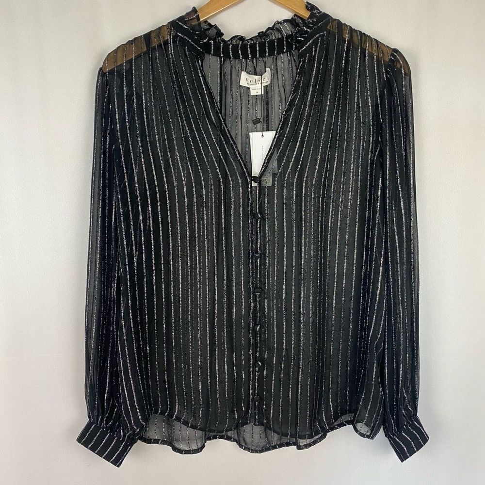 Velvet Tomei Top Metallic Striped Black Sheer Blouse Woman’s Sz Medium